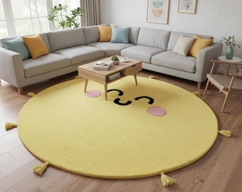 Hand Tufted Wool Smiley Sun Rug, Yellow Round Kids Rug, Nursery Area Rug, Cute Playroom Carpet, Baby Room Decor, Handmade Wool Rug