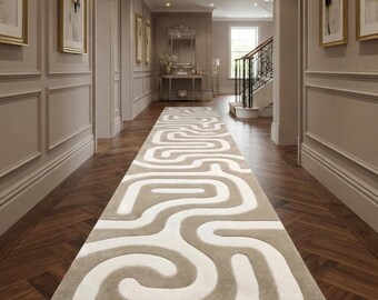 Hand Tufted Wool Runner Rug, Abstract Organic Maze Runner, Taupe Beige Ivory Rug, Modern Hallway Runner, Contemporary Wool Carpet