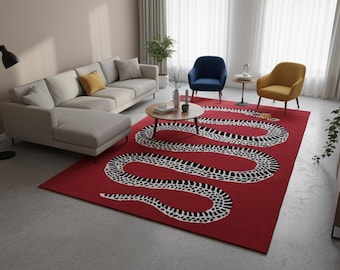 Hand Tufted Wool Snake Rug, Red Area Rug, Modern Animal Design Carpet, Contemporary Statement Rug, Handmade Living Room Rug