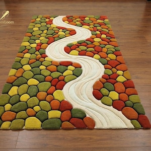 Hand Tufted Wool Area Rug, River Stone Rug, Organic Modern Rug, Nature Inspired Carpet, Green Orange Yellow Rug, Abstract Landscape Rug