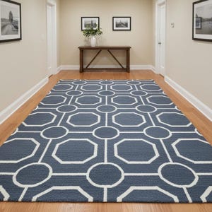 Hand Tufted Wool Rug – Blue Geometric Octagon Trellis, Custom Size