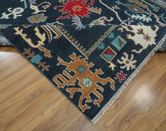 Hand Knotted Wool Tribal Rug, Dark Teal Bohemian Carpet, Folk Art Design