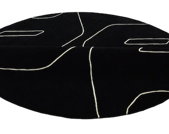 Hand Tufted Wool Round Rug – Modern Black & White Geometric Pattern – Luxury Handmade Carpet for Living Room, Bedroom, Hotel Decor