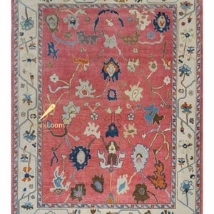 Hand-Knotted Wool Rug: Coral Pink Floral Oushak Style