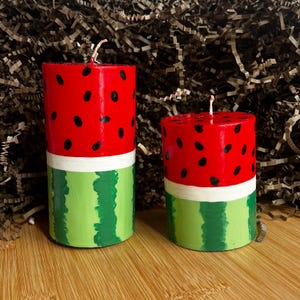 WATERMELON PILLAR CANDLE / Handpainted / Sweet Dessert Candle / Unique Candle Gift / Food Candle / Birthday Gift