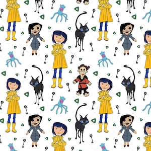 Può includere: Uno schema senza cuciture che presenta una varietà di personaggi del film "Coraline". Lo schema include una ragazza con un impermeabile giallo, un gatto nero, una bambola e una creatura con tentacoli. Lo sfondo è bianco.