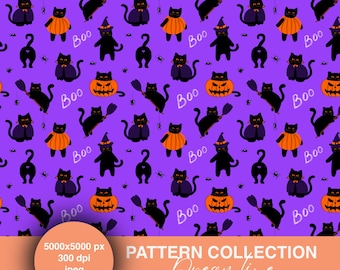 May include: A purple Halloween-themed pattern featuring black cats, jack-o'-lanterns, spiders, and the word "Boo". The cats are dressed in costumes, some with capes, hats, or pumpkin outfits. The pattern includes the text "PATTERN COLLECTION Dreamfine".