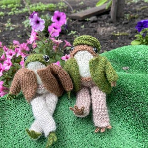 Op de afbeelding: Twee handgebreide kikkerpoppen. Eén kikker draagt een groene hoed en jas met een beige broek en een wit shirt. De andere kikker draagt een bruine jas, een witte broek en een groene hoed. Ze poseren op een groen oppervlak met bloemen op de achtergrond.