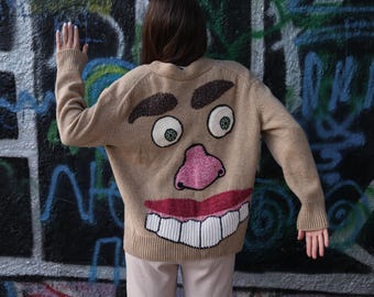 Custom Ugly Christmas cardigan for Woman hand knit face, Unique beige funny design, ooak cardigan adult for Holiday and as birthday gift