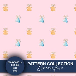 Op de afbeelding: Een herhalend patroon van aquarelmuizen met jurken in tinten geel en blauw, die kleine voorwerpen vasthouden, tegen een zachtroze achtergrond. De woorden "PATTERN COLLECTION" en "Dreamfine" worden in witte tekst op een donkerblauwe banner weergegeven.