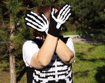 Skeleton Vest Women S M oversized | Skeleton Gloves Women Men | Unique Knitted Clothing | Gothic black and white Knitwear