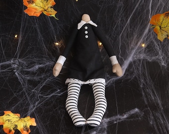 Handmade Headless Doll in Black Dress with Striped Stockings – Creepy Gothic Cloth Doll, autumn Decoration, Spooky Rag Doll, Horror Inspired