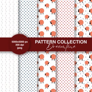 Könnte beinhalten: Eine Musterkollektion mit verschiedenen Designs. Enthält Muster mit weißen Hintergründen und blauen Punkten, roten Punkten und Schafillustrationen. Das Bild enthält auch den Text "PATTERN COLLECTION Dreamline".