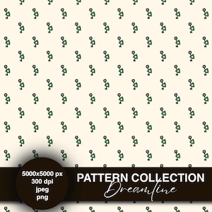 May include: A repeating pattern of small, stylized green and black floral elements on a cream background. The design is evenly spaced and creates a visually appealing texture. The image also includes the text "PATTERN COLLECTION Dreamline".