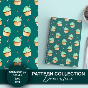 May include: A teal notebook with a spiral binding, featuring a repeating pattern of cupcakes with mint green frosting and red and white striped straws. The image also shows a matching pattern and the text "PATTERN COLLECTION Dreamline". A pen and a cup of coffee are also visible.