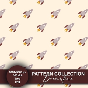 May include: A repeating pattern of gray rockets with maroon fins and yellow flames against a cream background. The rockets are evenly spaced and oriented in the same direction. The image includes the text "PATTERN COLLECTION Dreamline".