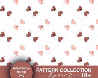 May include: A repeating pattern of stylized buttocks in various skin tones, including light pink and brown, with red or black bikini bottoms, set against a white background with a subtle dotted grid. The image includes the text "PATTERN COLLECTION Dreamfine 18+".
