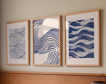 Sea Waves Art Print, Set of 3 Posters, Abstract Navy Wave Series, Ocean Wall Prints, Sea Poster, Blue Ocean Poster Wall, INSTANT DOWNLOAD