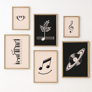 Minimalist Music Wall Art Set – 6 Printable Music Posters, Piano Keys Print, Treble Clef, Notes & Vinyl, Trendy Wall Art, INSTANT DOWNLOAD