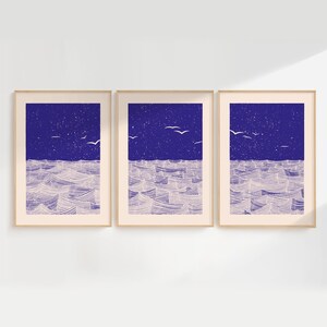 Meer und Möwen 3er-Set | Druckbare Wandkunst | Ozean-Wanddrucke | Meer Poster | Digitaldrucke | Blaue Ozean Posterwand | Kunst zum Ausdrucken