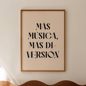 Más Música Más Diversión | Music Gift Spanish Poster Classroom Music Quote Wall Art Música Arte Latin | INSTANT DOWNLOAD