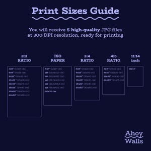 May include: Print sizes guide with various ratios and dimensions in inches and centimeters. Includes 2:3, ISO paper, 3:4, 4:5, and 11x14 inch options. The text states that you will receive 5 high-quality JPG files at 300 DPI resolution.