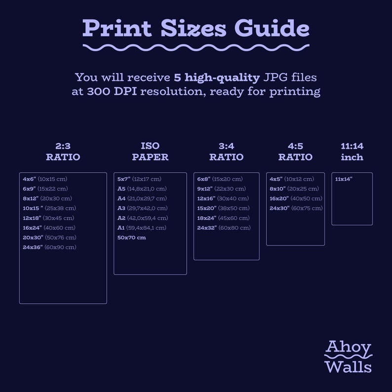May include: Print sizes guide with various ratios and dimensions in inches and centimeters. Includes 2:3, ISO paper, 3:4, 4:5, and 11x14 inch options. The text states that you will receive 5 high-quality JPG files at 300 DPI resolution.