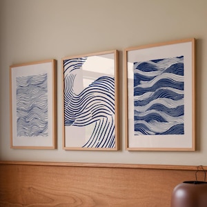Lámina artística de olas marinas, juego de 3 pósteres, serie abstracta de olas marinas, impresiones de pared oceánicas, póster de mar, póster de pared de océano azul, descarga instantánea