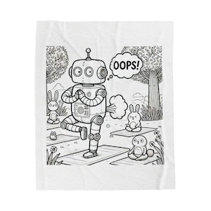 May include: Black and white illustration of a robot doing yoga in a park setting, with the word "OOPS!" in a speech bubble. Other cartoon animals are also doing yoga on mats.