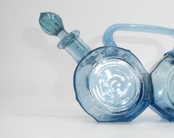 Dubbele olie-azijnkruik in blauw glas, Italiaans design uit de jaren 60, elegant en zeldzaam, vintage tafelaccessoire