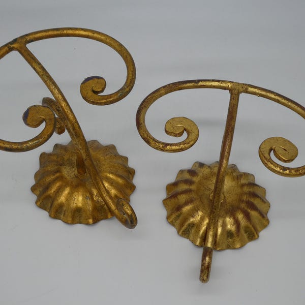Pair of vintage gold metal wall hooks, elegant scroll design, classic retro style, perfect for hallway or bedroom decor