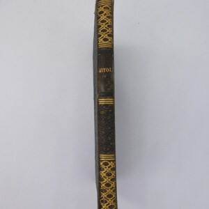 K&ouml;nnte beinhalten: Buchr&uuml;cken eines alten Buches mit dem Titel "ITOL" in goldener Schrift. Der dunkelbraune Ledereinband ist mit goldenen geometrischen Mustern oben und unten sowie einem dekorativen Design auf dem R&uuml;cken verziert. Die Kanten des Buches weisen Gebrauchsspuren auf.