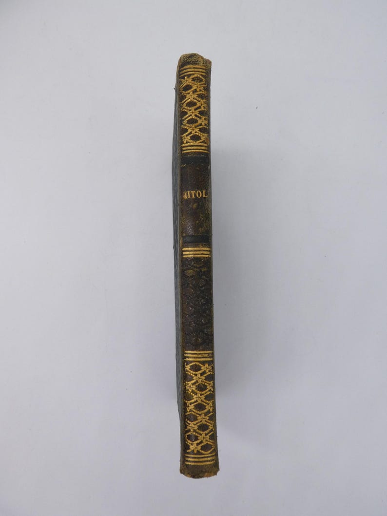 K&ouml;nnte beinhalten: Buchr&uuml;cken eines alten Buches mit dem Titel "ITOL" in goldener Schrift. Der dunkelbraune Ledereinband ist mit goldenen geometrischen Mustern oben und unten sowie einem dekorativen Design auf dem R&uuml;cken verziert. Die Kanten des Buches weisen Gebrauchsspuren auf.