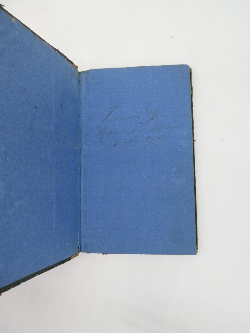 K&ouml;nnte beinhalten: Offenes antikes Buch mit blauen Seiten und handschriftlichem Text. Der Einband des Buches ist dunkel, und die Seiten weisen Alterserscheinungen auf. Der Text ist in Kursivschrift gehalten und unterstreicht die Vintage-&Auml;sthetik. Das Buch ist ge&ouml;ffnet und gibt den Blick ins Innere frei.
