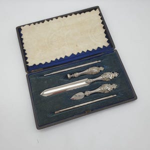 Juego de escritorio vintage de plata 800, bolígrafo, lápiz, abrecartas, sello, elegante, fino, colección, perfecto para regalo de lujo