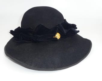 Sombrero vintage de mujer años 50/60 en fieltro negro con cinta de terciopelo, original de Sebastiano Bottero, fabricado en Italia