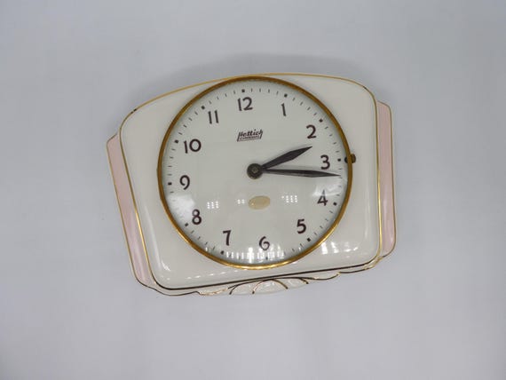 1950s Hettich Wall Clock in Cream, Pink and Gold Ceramic, Battery