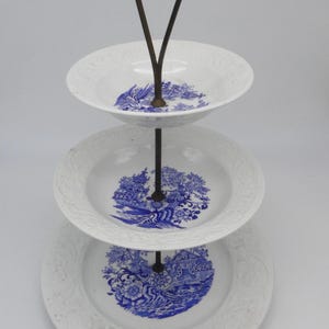 Vintage 3-tier cake stand with blue and white Laveno ceramic plates, shabby chic centerpiece for dessert or home decor