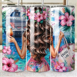 Cruise Life Tumbler Wrap: Tropical Woman, Cruise Ship (PNG Digital Design)