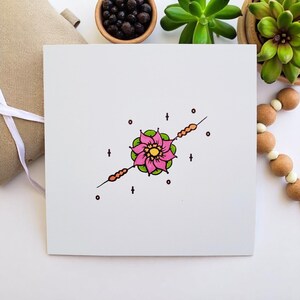 Rakhi-wenskaart - handgetekende Raksha Bandhan-kaart met rakhi bloemenontwerp - schattige minimale kaart voor broer of zus - blanco van binnen