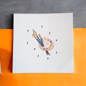 Cartão comemorativo com paleta de tintas e pincéis desenhados à mão - presente de artista, cartão em branco com brilhos, papelaria para amantes da arte