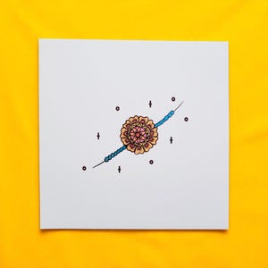 Rakhi Card- hand-drawn Raksha Bandhan Card with intricate floral rakhi - festive Indian sibling greeting card- Blank inside
