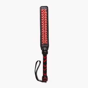 May include: A black and red leather paddle with a braided design. The paddle has a strap attached to the handle.