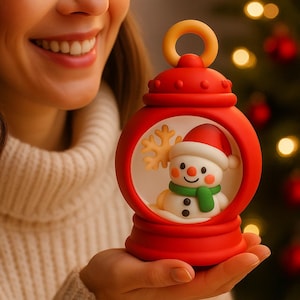 May include: A red Christmas lantern featuring a snowman figure. The snowman wears a red hat and green scarf. The lantern has a yellow handle and a snowflake design. The lantern is held in a person's hand.