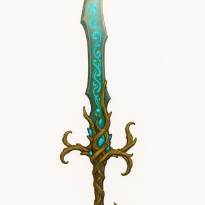May include: Fantasy sword illustration. The blade is silver with teal glowing swirls. The hilt is brown, resembling intertwined branches, with teal gems. The handle is a twisted brown vine.