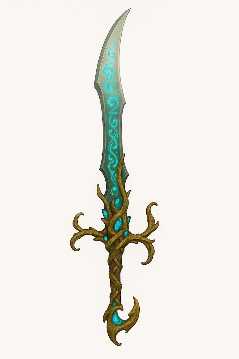 May include: Fantasy sword illustration. The blade is silver with teal glowing swirls. The hilt is brown, resembling intertwined branches, with teal gems. The handle is a twisted brown vine.