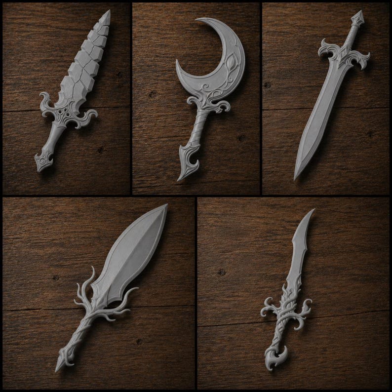 May include: A collection of five gray fantasy weapons, including swords and a crescent-shaped blade, arranged on a wooden surface. Each weapon features intricate designs and details, showcasing a medieval or fantasy theme.
