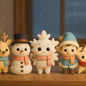 Può includere: Una collezione di cinque statuette a tema natalizio. Le statuette includono una renna, un pupazzo di neve, un fiocco di neve, un elfo e una stella, ognuno con un volto sorridente e sciarpe. La renna è gialla, il pupazzo di neve è bianco, l'elfo indossa un cappello blu.