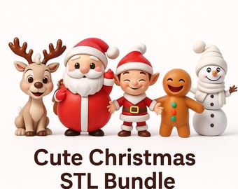 May include: A collection of cute Christmas figurines, including a reindeer, Santa Claus, an elf, a gingerbread man, and a snowman. The figurines are in various colors, with the text "Cute Christmas STL Bundle" below.