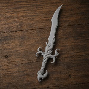May include: A gray fantasy dagger with a curved blade and ornate handle. The handle features a swirling, vine-like design. The dagger is lying on a wooden surface.